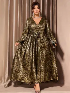 Plus Size Leopard Print V Neck Waist Cinching Long Dress, Luxurious Wild Style, Party Evening Gown, Fashionable