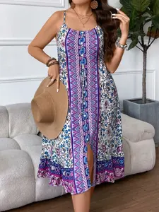 Women's Summer Beach Vacation Dress, Blue Geometric Floral Halter Top, Side Slit, Drawstring Waist, Bohemian Vintage Style, Womenswear