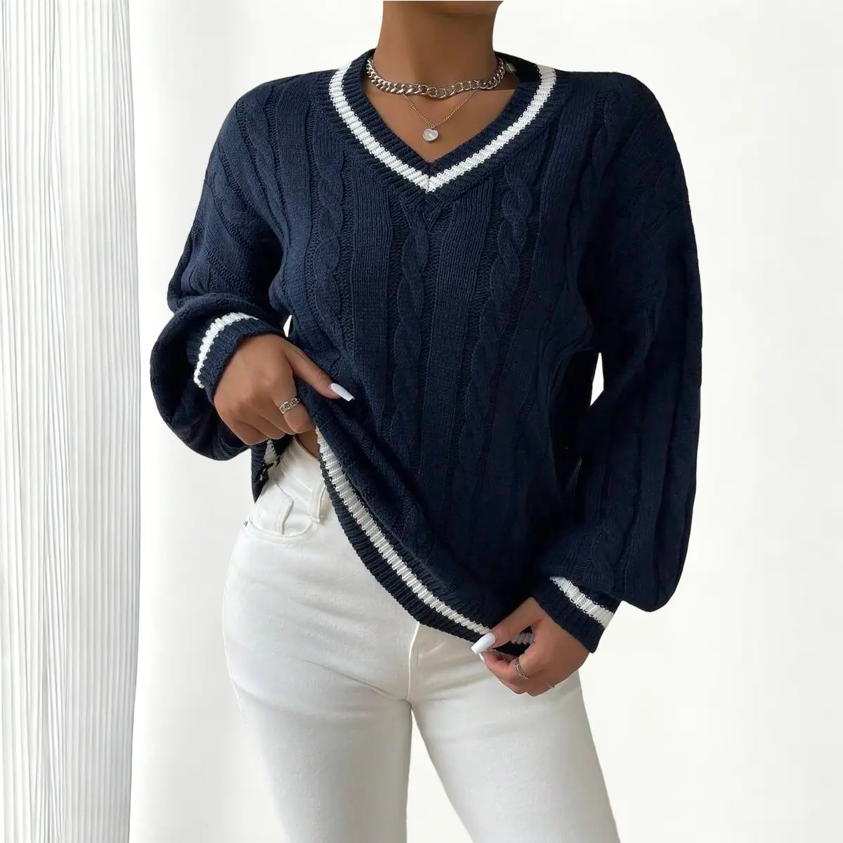 Girls' Youth V-Neck Knitted Pullover Daily Casual School Essential Sweater in Navy Blue with White Trim