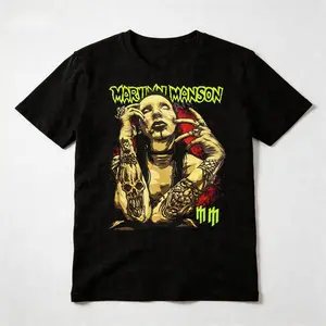 Marilyn Manson Graphic Short-Sleeve Ripped Round-Neck Soft Cotton T-Shirt - Vintage Rock Band Top, Casual Streetwear Punk Vibe Black Alternative Menswear Unisex Print