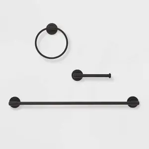 Threshold 3-Piece Matte Black Bathroom Hardware Set Towel Bar Ring Tissue