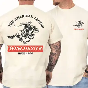 Winchester Cowboy The American Legend 1866 T-Shirt, Classic Western Repeating Arms Graphic Tee, Gift for Gun Enthusiasts Tops, Vintage Outdoor Apparel For Men, Heritage Style For American Hunting Fans, Summer Round Neck
