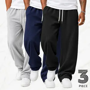 Men's Solid Color Sweatpants (3pcs) - Y2K Wide-Leg Menswear, Elastic Waistband with Drawstring, Floor-Length Fabric Pants for Outdoor Casual & Jogging, Ideal Gift Items.Summervibes
