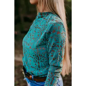 Tooled Leather Turquoise Mesh Top Tooled Leather Turquoise Mesh Top