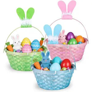 3 PCS Easter Bamboo Baskets Gift with Bunny Ears and Handle, Bunny Easter Basket Woven Easter Eggs Hunting, Wicker Candy Toys BucketBaskets with Handle for, Favors