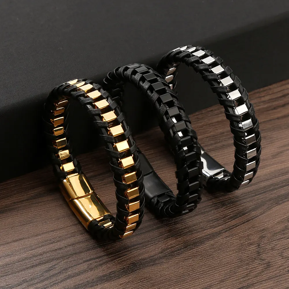 Men's Classic Supple Rugged Braided Leather Bracelet with Square Rivet Magnetic Clasp, Gold-Silver Casual Trendy Jewelry, All-Season Sports Wristband for Sports & Outdoor Activities