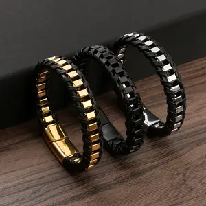 Mens Braided Leather Bracelet | Square Rivet Magnetic Clasp - Gold/Silver Mens Fashion Jewelry