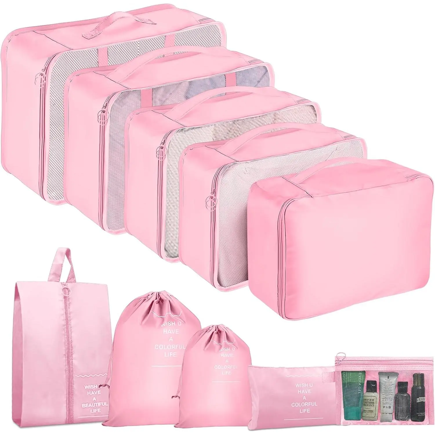 10-Piece Packing Organizers Set - Durable Foldable Synthetic Nylon Collapsible Breathable Travel Organizers, 1 Large, 1 Medium Mesh Top Cube, 2 Small Cubes, Shoe Bag, Toiletry Pouch, Portable Luggage Accessories