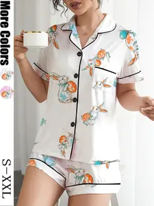 Easter 2 Piece Women's Pajama Set with Rabbit and Egg Print, Short Sleeve Button-Up Top and Loose Stretch Shorts, Casual Comfortable Sleepwear Loungewear for Holidays and Everyday Wear