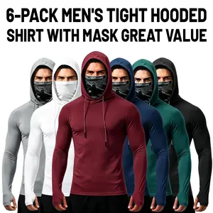 6-piece set Men's Outdoor Work Sun Protection Hoodie, Slim Fit Design with Drawstring Hood, Upgraded Thumb Hole, Built-in Face and Neck Guard, Breathable Long Sleeve Sun Blocking Clothing