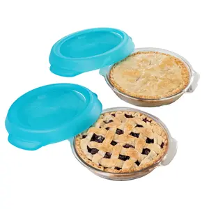 Libbey Baker’s Premium Glass Pie Dish Set of 2 with Lids, 9 Inch Round Baking Dishes, Stackable Bakeware with GreatGrip Handles, Durable Covered Pie Plates