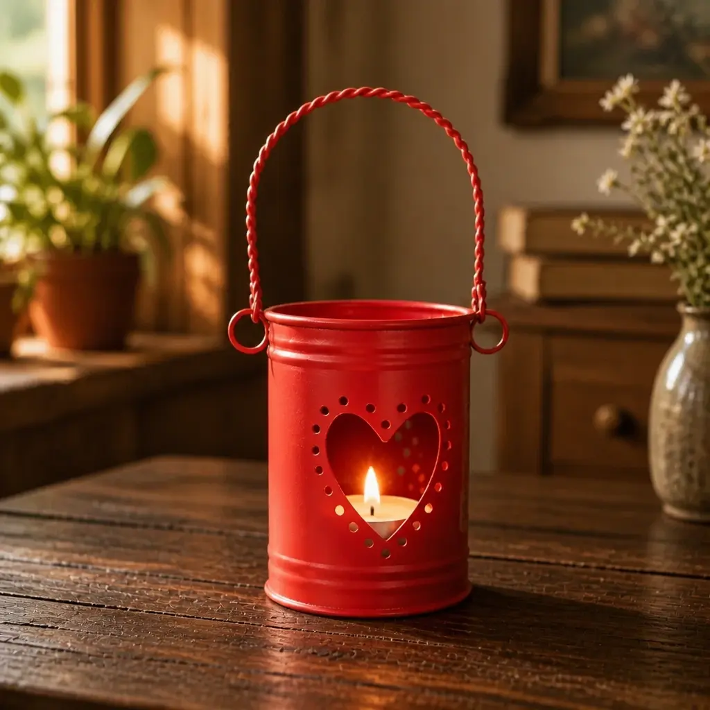 Red Metal Heart Cutout Candle Holder Bucket Decorative Desk Storage