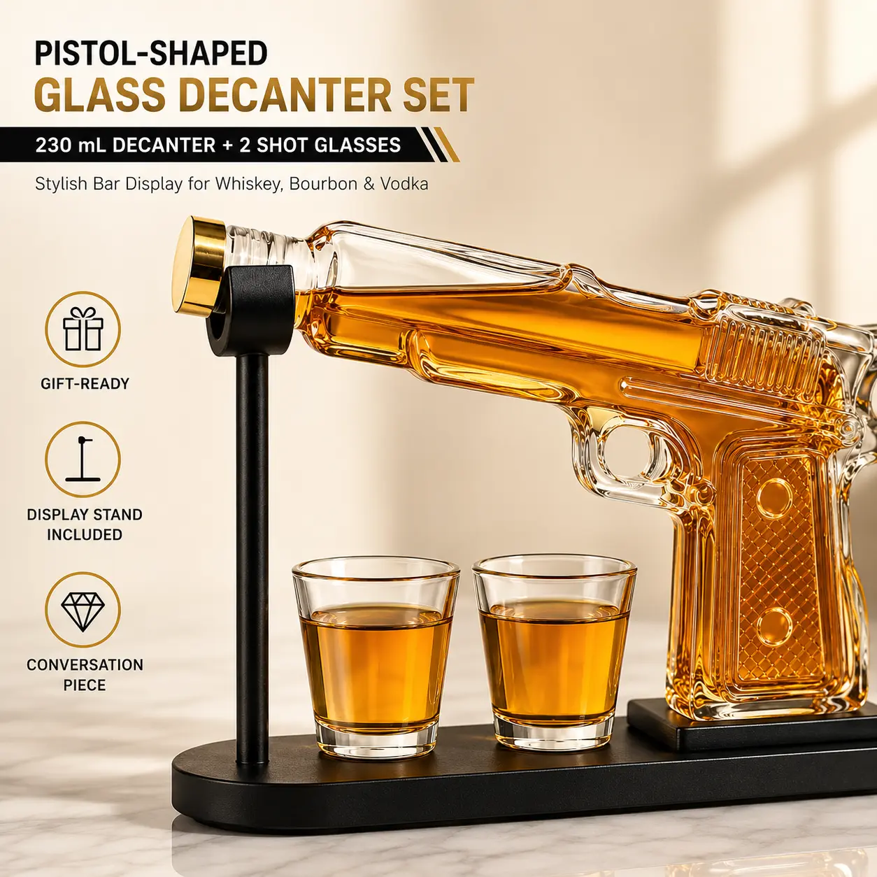 Whiskey Decanter Set Gun Shaped with 2 Glasses Home Bar Accessories for Whisky Scotch Vodka Gifts for Dad Husband Boyfriend Liquor Decanter Mixer Tasting Glassware - Flask Drinkware