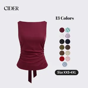Cider Blend Boat Neckline Solid Bowknot Tank Top, Stretch Fit Sleeveless Blouse, Ladies Lightweight Bow Detail Tops, Urban Chic Summer Fashion, Casual Stretch-Waist Summer Tops Dealsforyou