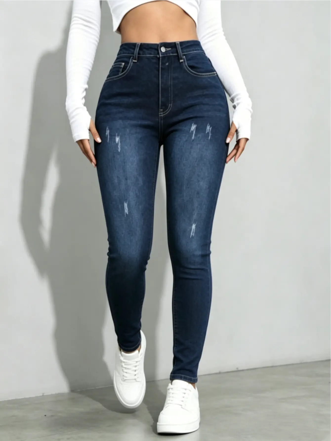 Women's Mid-Low Rise Stretchy Skinny Denim Trousers - Soft, Straight Leg, Tummy Control, Curve Hugging, Distressed, Minimalist Basic, Plus & Regular Sizes, BBL-Friendly, Spring Daily Outfits YLD01