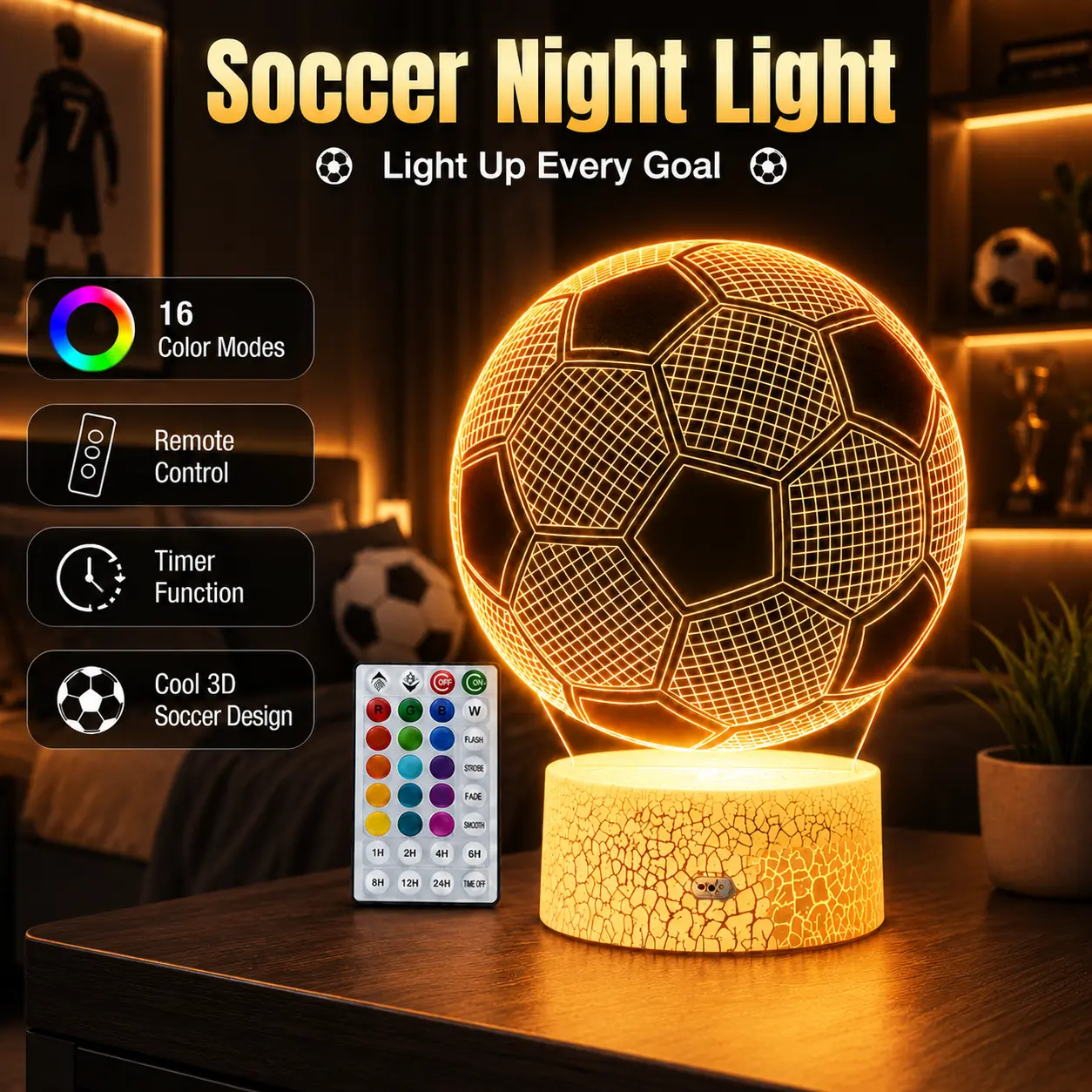 Soccer 3D Optical Illusion Night Light LED Desk Lamp with Remote & Touch Controls USB Powered for Kids' Bedrooms Home Decorations or Holiday Gifts,Deals For You Days Led Ambient Lighting
