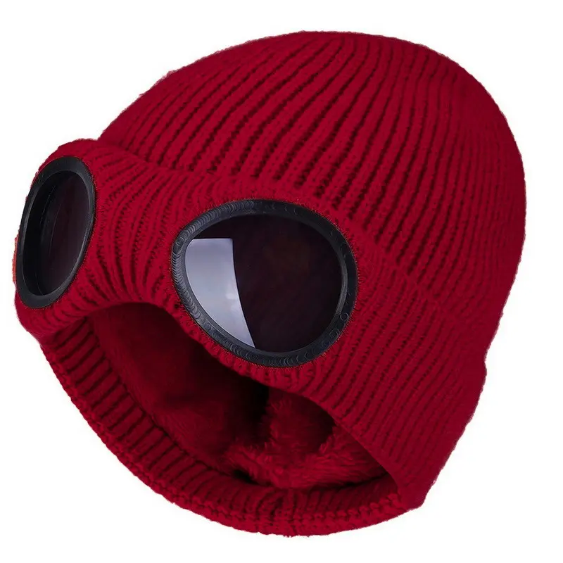 Unisex Fleece-Lined Knitted Hat with Goggles, Cool Goggles Design, Double Temperature Lock, Durable Warm Roll Brim, Fashion Autumn Winter Outdoor Skiing Accessory