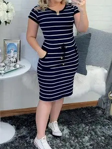 Striped Short Sleeve Shirt Dress | Casual Elegant Summer | Drawstring Waist & Pockets