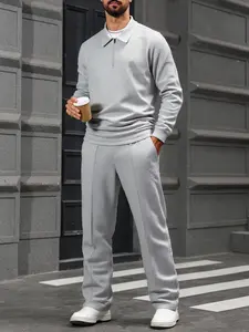 Two piece set of men's solid color waffle knit half zip pullover and pants, casual, fashionable, comfortable, breathable, suitable for daily outdoor wear, autumn and winter men's clothing