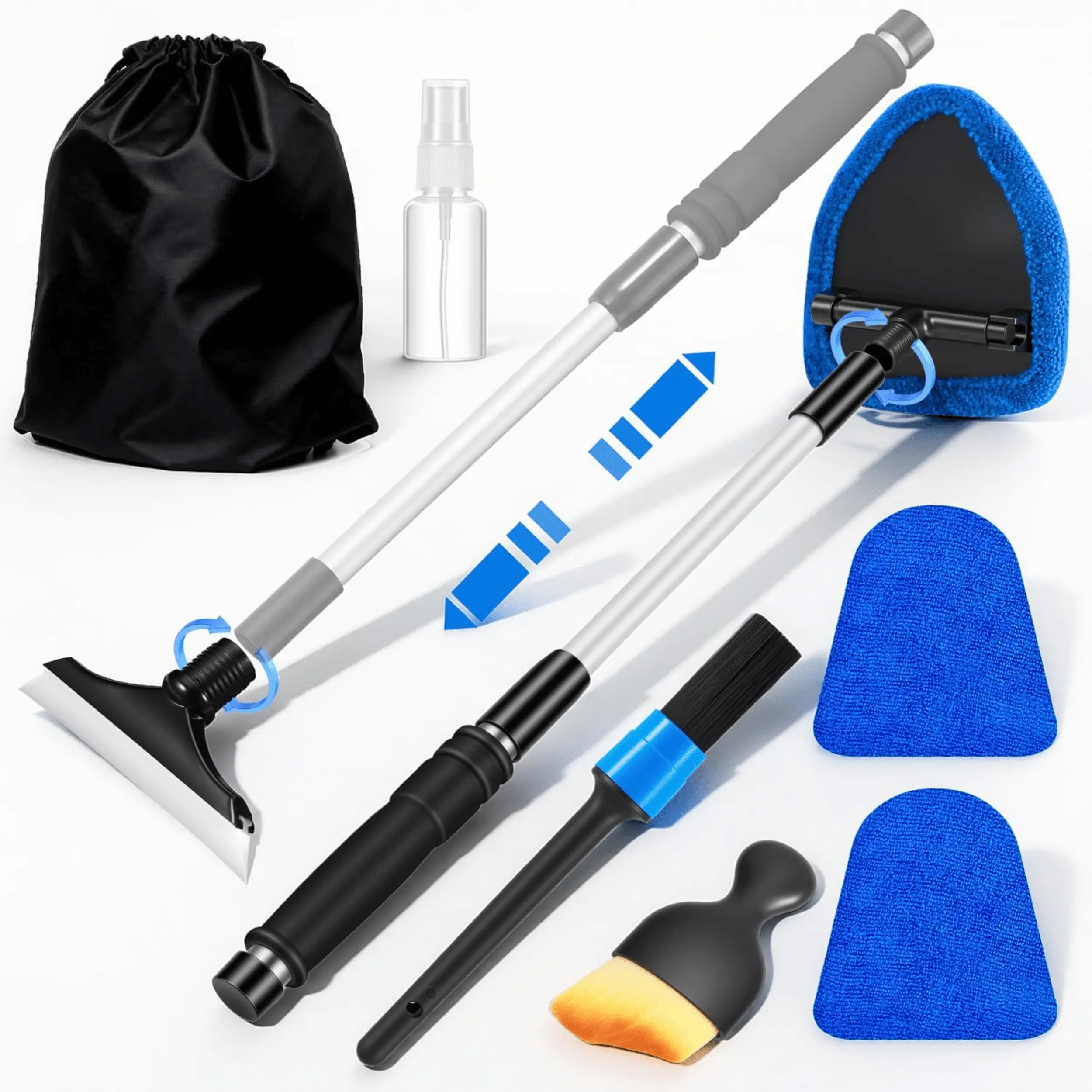 Windshield Cleaner Tool Kit Car Interior Cleaning Kit with Extendable Handle, 3 Reusable Microfiber Pads & Detailing Brush, Auto Glass Cleaner for Cars, Trucks & Home Windows, Blue