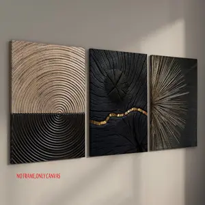 3-Piece Canvas Art Set Black & Gold Brown Textured Wall Art Unframed Canvas Prints Art Print, Modern Minimalist Design, Tree Ring & Stump Spiral Natural Grain Waterproof Canvas Material Artistic Wall Gifts Home & Dorm Decor Frameless