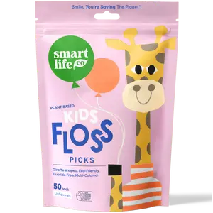 Biodegradable Kids Floss Picks – Giraffe-Shaped Eco-Friendly Flossers, Shred-Resistant, Gentle on Gums, Removes Plaque, Multi-Colored, Unflavored 50pk