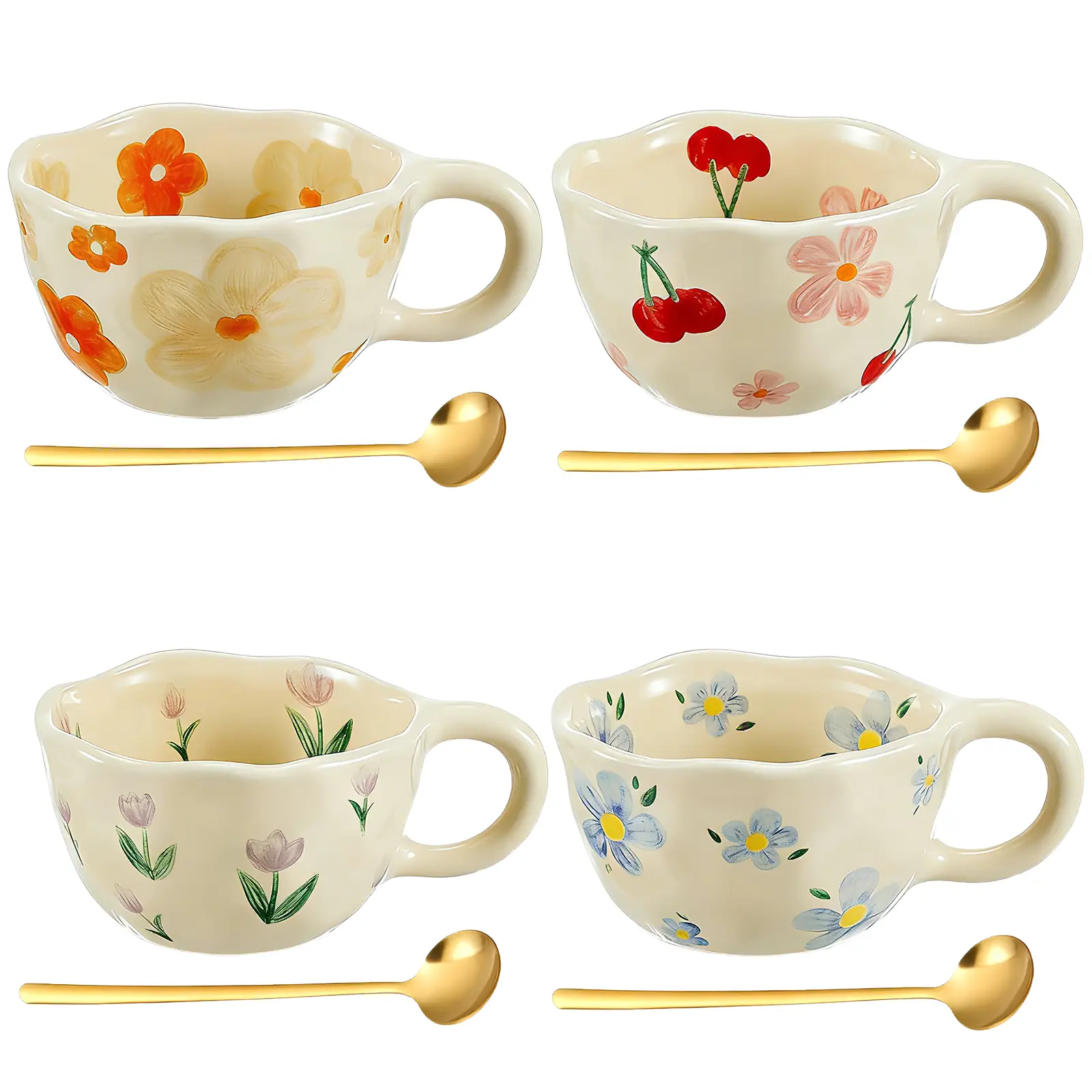 4-Style Irregular Shaped Cute Reusable Porcelain Ceramic Flower Mug & Cup Set - Ideal for Coffee, Tea (Kitchenware Drinkware), Reuse, Coffee Mugs, Ceramic Mugs