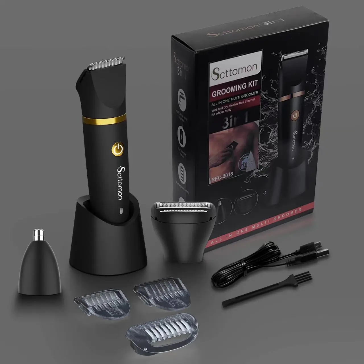 Scttomon 3 in 1 Electric Body Hair Trimmer,Groin Hair Trimmer for Men,Waterproof Electric Shaver Nose Hair Trimmer,Men's Hair Removal Device Cordless,Manscape Trimmer with Standing Recharge Dock