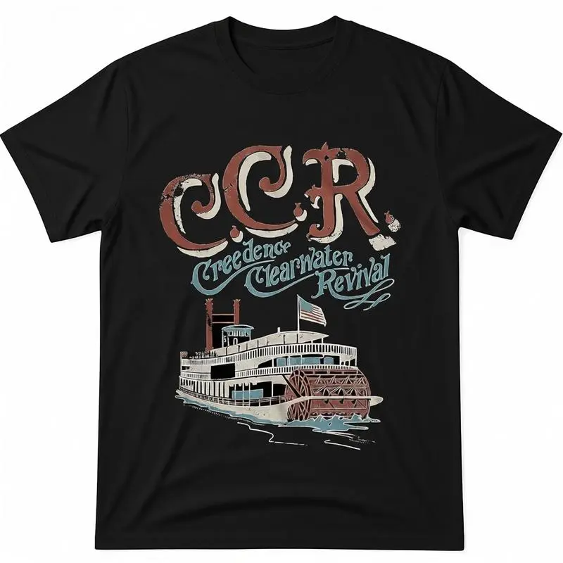 Men's Creedence Clearwater Revival Graphic T-Shirt - 100% Cotton Comfy Streetwear, Classic Fit Short-Sleeve Round Neck Retro Band Casual Top, Tshirt, Shortsleeve, Fabric