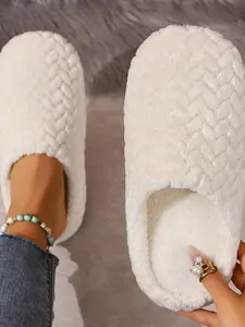 Simple Comfort Home Slippers, Lightweight Soft Faux Fur Upper, Thickened Lined Interior, Textured Design, Non-Slip Sole, Warm Indoor Shoes