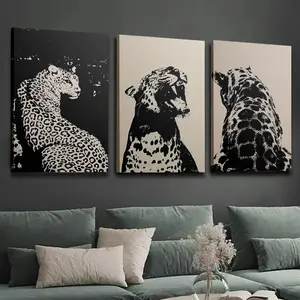 3-Piece Wooden Framed Canvas Prints - Matte, Waterproof Kitchen Paintings with Jaguar Leopard Print Animal Motifs, Minimalist Home Decor Photo Wall Art, Glossy, Decoration