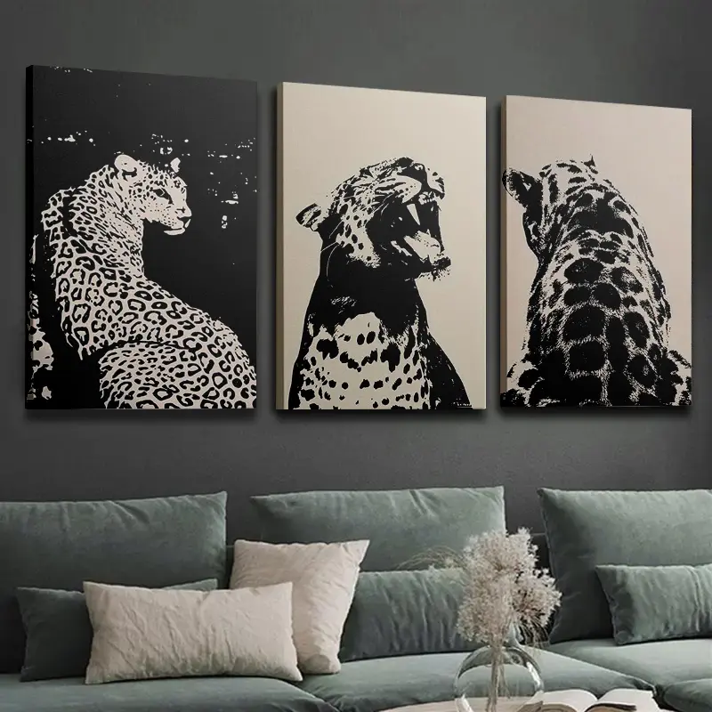 3-Piece Wooden Framed Canvas Photo Set - Matte, Waterproof Big Cat Animal Print, Minimalist Kitchen Wall Art, Home Decor Inspo Room Decoration Posters & Prints