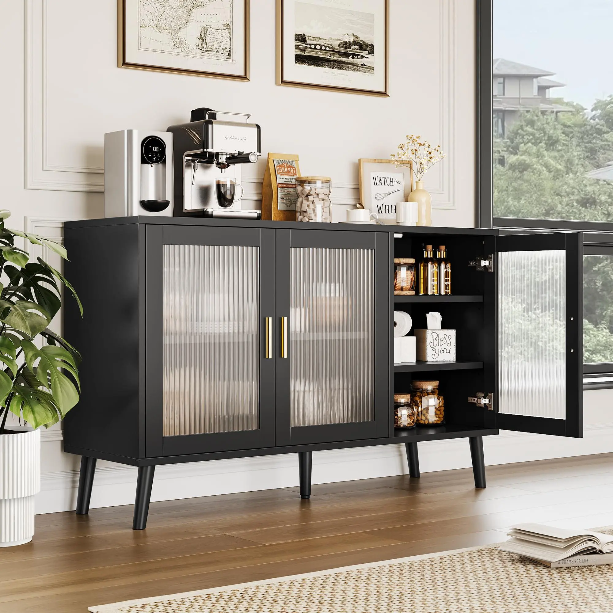 Gaomon Modern Fluted Glass Door Storage Cabinet - Furniture Sideboard Buffet with Removable Adjustable Shelves for Living Room Decorative Storage