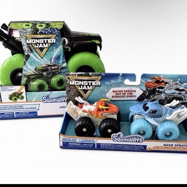 Monster Jam Sprinkler Grave Digger & Wave Sprayers El Toro Loco with Megalodon SwimWays Water Toy Bundle. Brand New