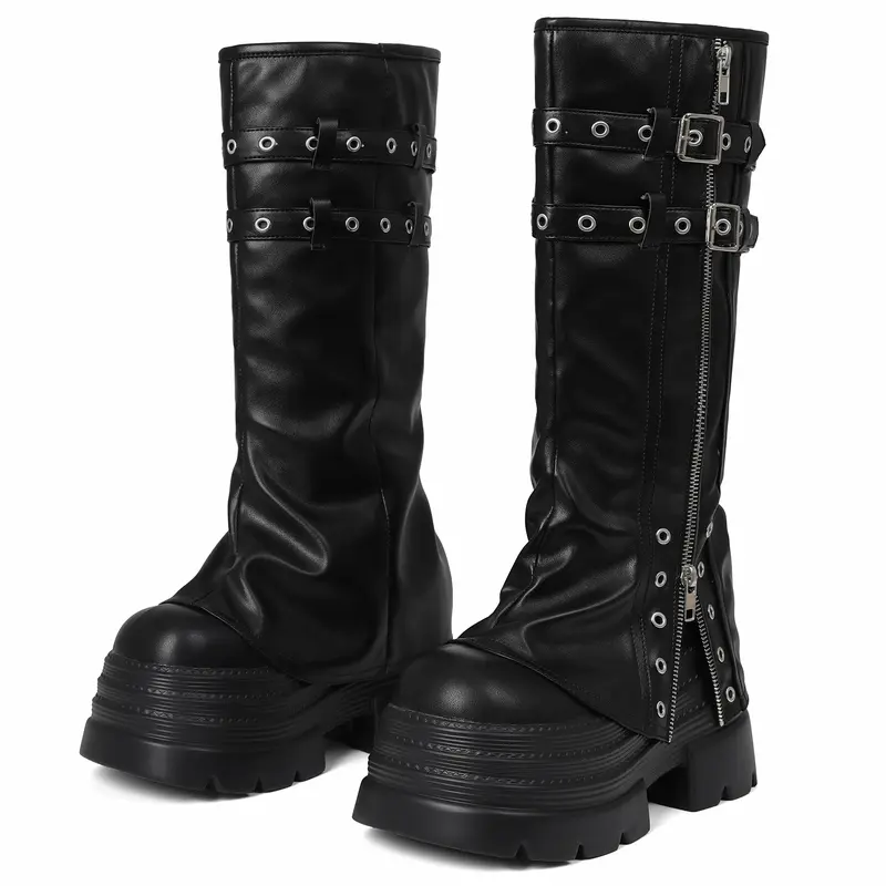 AOSPHIRAYLIAN Women's Punk Platform Combat Boots Black Faux Leather Double Buckle Eyelet Zipper Rounded Toe Chunky Heel Ankle Boots knee High Fall Women Ladies  Boots