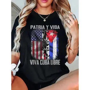 Vintage Cuban Cotton TShirt Featuring Patria Y Vida Viva Cuba Libre Slogan S-3XL Medium Length Short Sleeve Crew Neck Casual Dopamine Summer Top for Womenswear