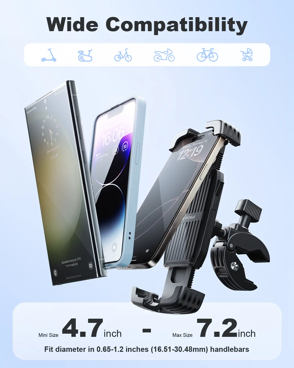 FathersDayGift Bike Phone Holder [1s Lock] Motorcycle Phone Mount [Anti-Shake] Handlebar Cell Phone Clamp Scooter Phone Clip for Handlebars with Diameters 0.65-1.2 in Suitable for 4.7-7.2 in Smartphone, Accessories, Mobile summerwins Adjustable