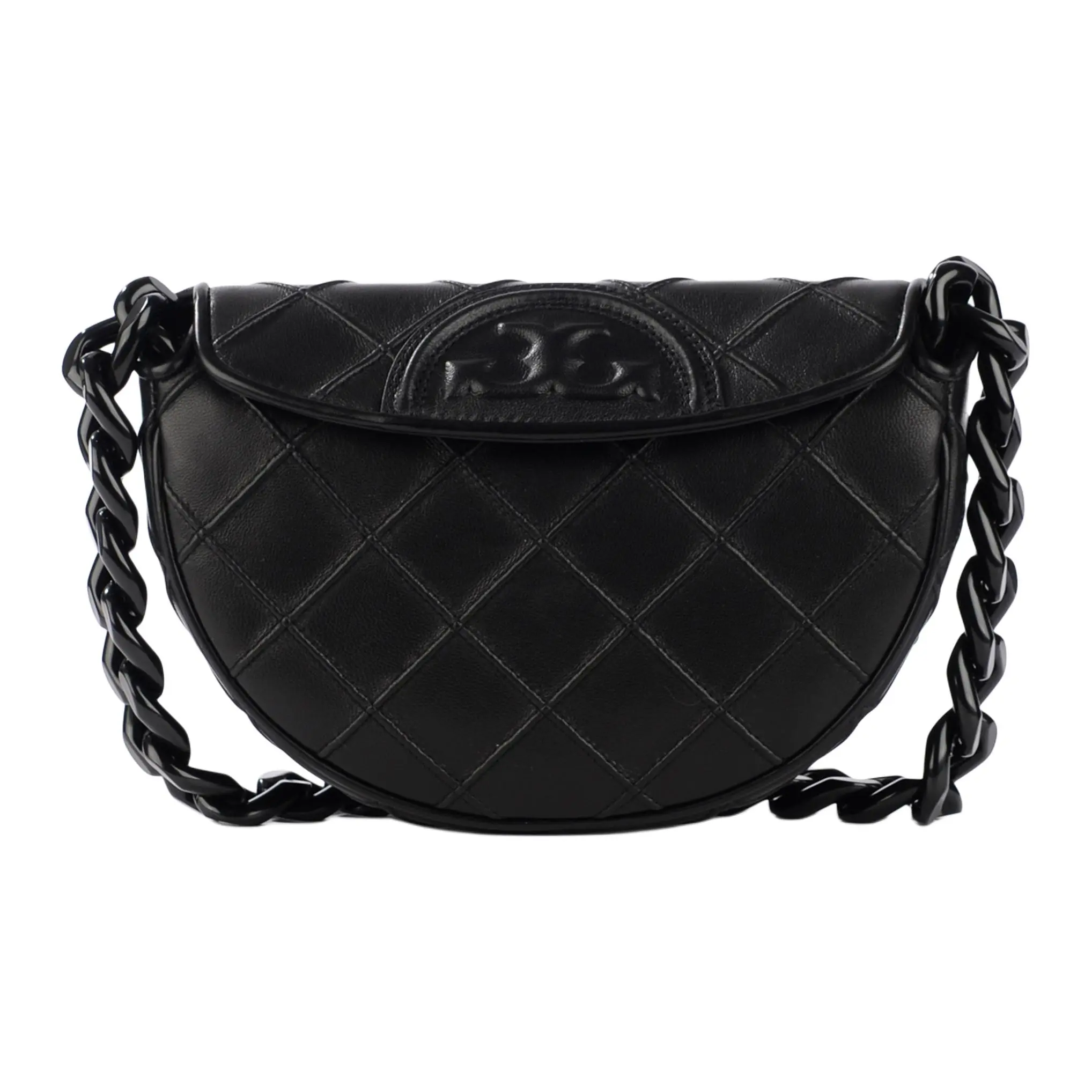 Women's Tory Burch TB Fleming Mini Chain Crossbody Bag - Black Quilted Lambskin Genuine Leather Handbags, Leather Shoulder Bag Sling Purse
