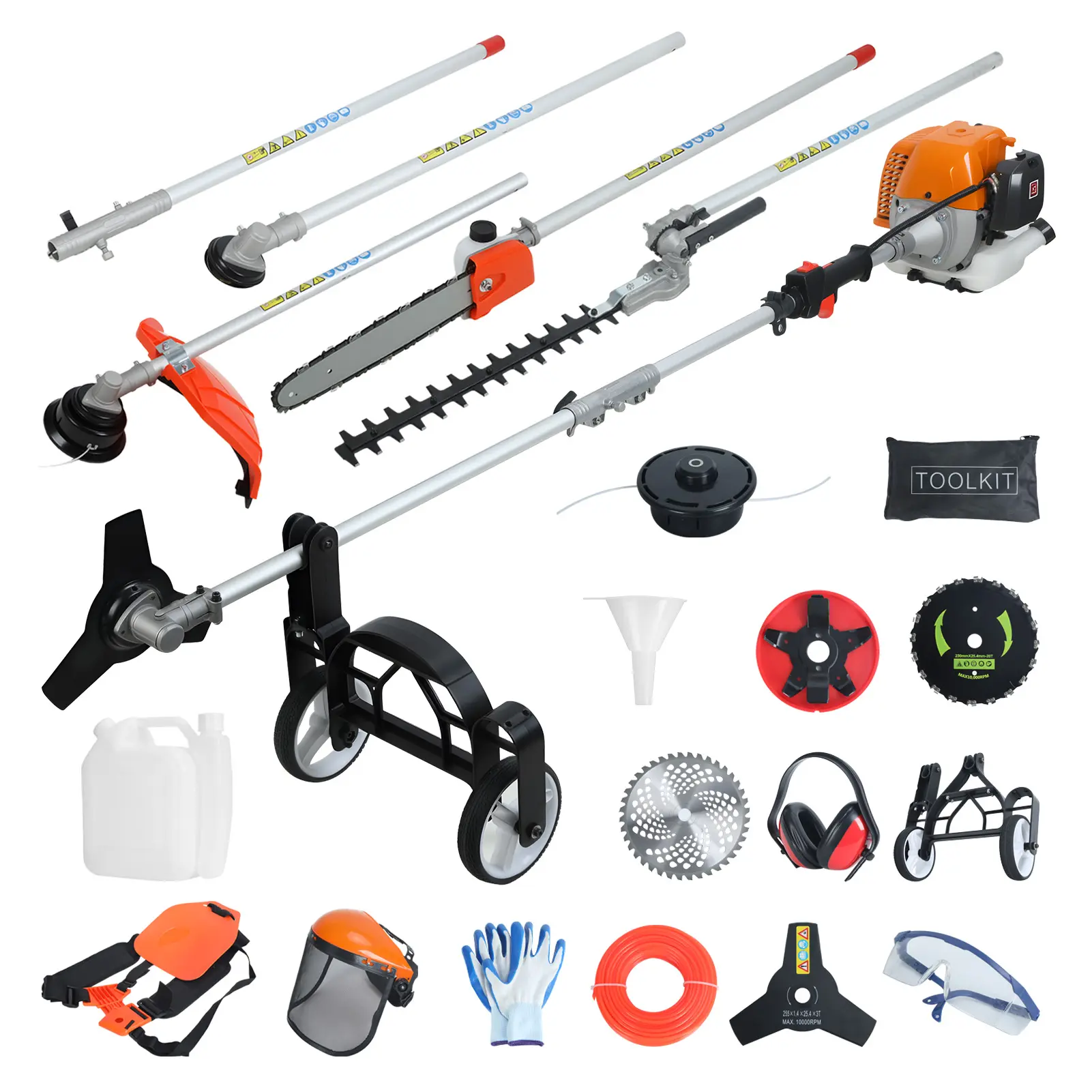 Beoash  Multi-Function Garden Tool, 52CC 2-Stroke Gas Powered, Weed Trimmer, Brush Cutter, Hedge Trimmer, Chainsaw & Pruner for Lawn Care Blades Tool Kit grass trim head pro