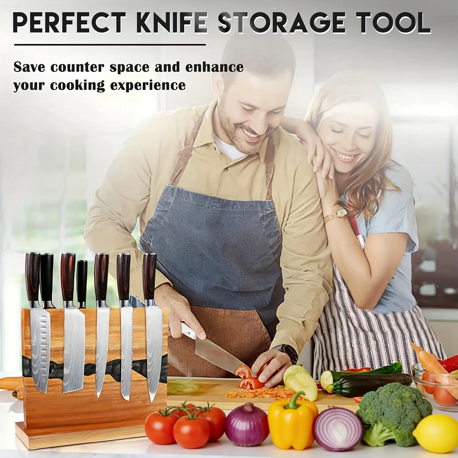 Magnetic Knife Block 13 x 10 Inches, Double Sided Magnetic Knife Holder Rack for Kitchen Counter Top, Space Saving Free Standing Wood Magnetic Knife Storage Stand with Black Resin