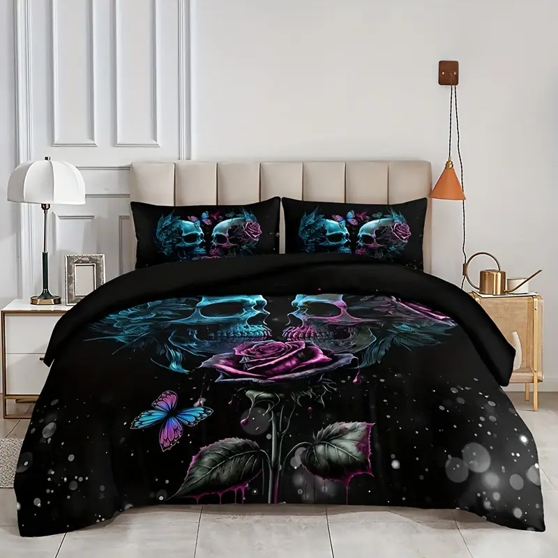 3-Piece All-Seasons 100% Polyester Bedding Set, Rose Skull Motif HD Digital Print Quilt Cover Set with Comforter, Fashion Floral Home Bedding Collection