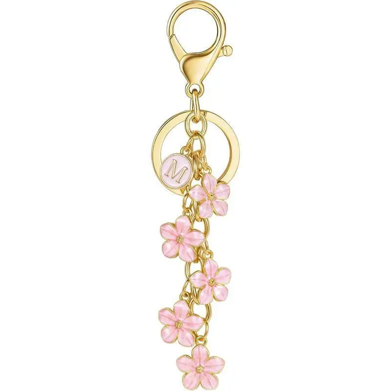 Women's Cute Initial Letter Enamel Keychains - White, Pink, Black Flower Bag Charms for Handbags, Backpacks, Keychains For Women