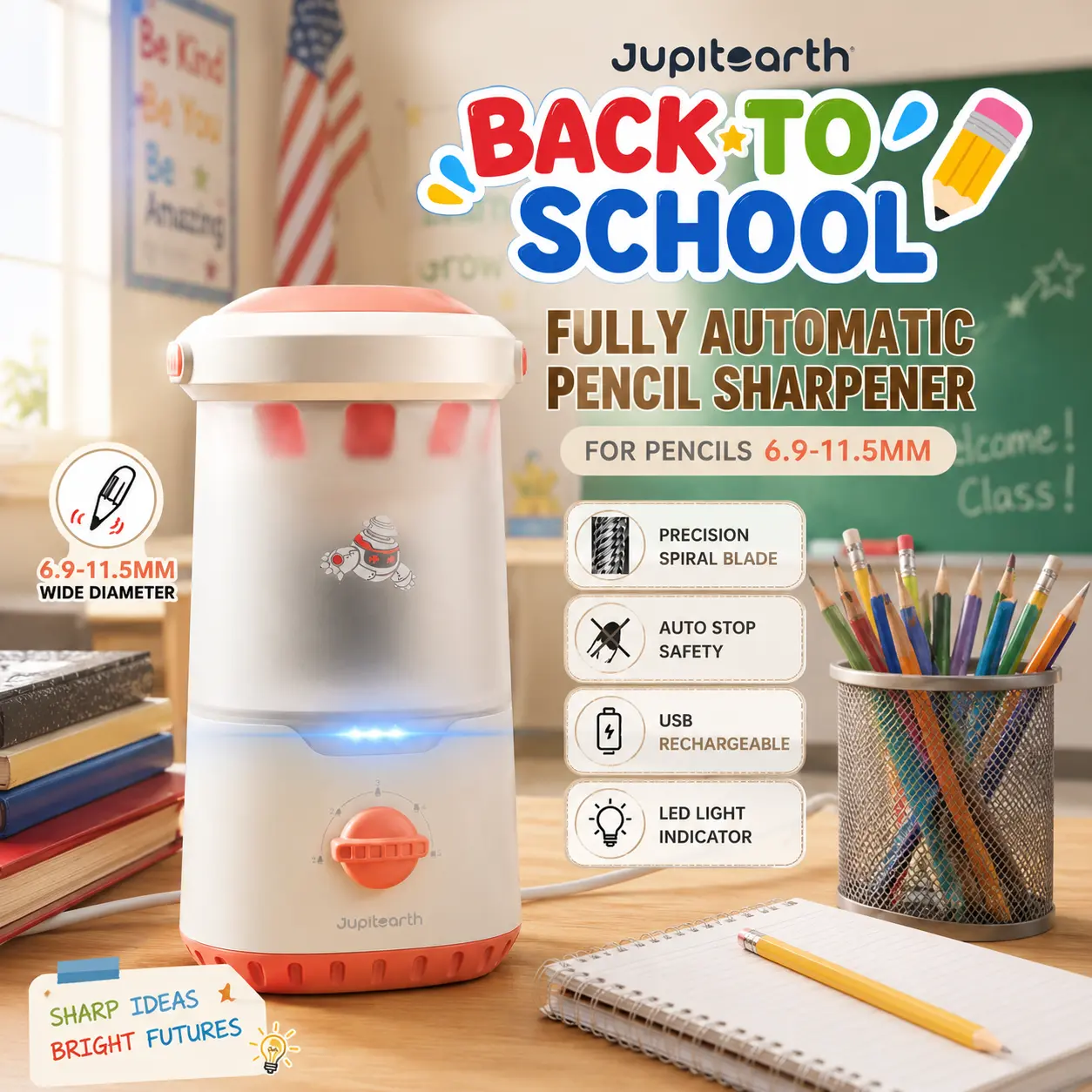 【back to school shopping】Buy 1 Get Gift JUPITEARTH  Fully Automatic Rechargeable Electric Pencil Sharpener - No-Touch Design, 6.9-11.5mm, for Colored Pencils, School Supplies, Office Stationery, Ideal for Home & Classroom, Efficiency，study supply ，pen