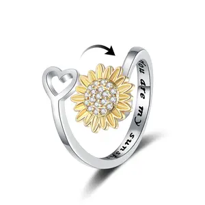 Rotatable sunflower flower ring female rotating open ring couple gift