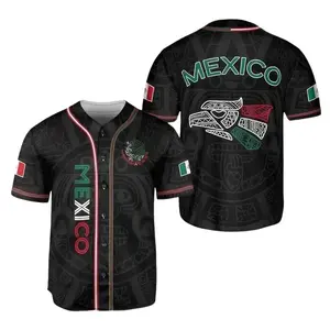Mexico Aztec Eagle Baseball Jersey Black Tribal Pattern Mexican Flag Unisex Oversized Summer Streetwear Casual Button Down Festival Outfit Men Women