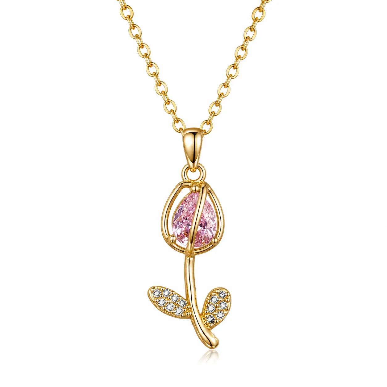 Rose Flower Pendant Necklace, Gold Tone Pink Crystal Rose Necklace for Women, Romantic Jewelry Gift for Mom, Wife, Girlfriend, Birthday, Anniversary, Valentine’s Day