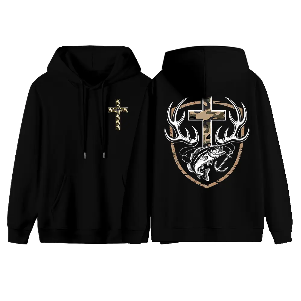 Faith Hunting Hoodie Camouflage Cross Pattern with Antlers and Hooks Country Outdoor Christian Lifestyle Unisex Hoodie Christmas Gift, Holiday Gift, Birthday Gift, Fashionable and Comfortable, Unisex hoody  dude