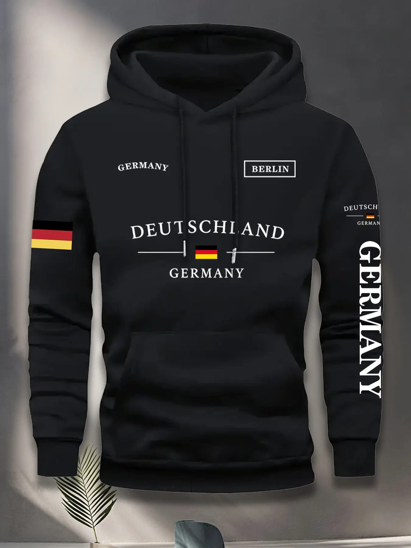 Men's Hooded Sweatshirt with German Flag & Text Print, Deep Fall Winter, Casual Outdoor Gym Wear