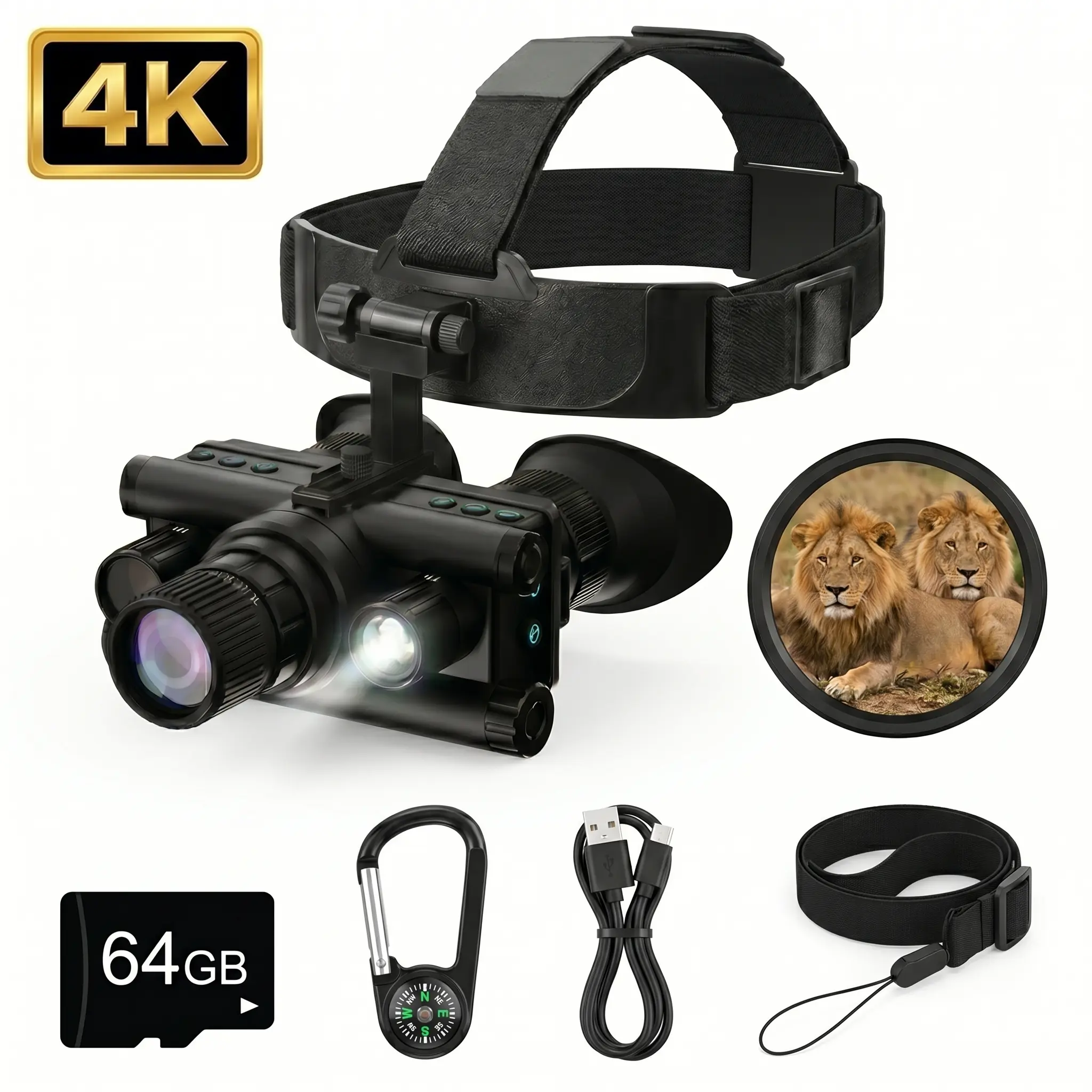 Head-Mounted Night Vision Goggles 4K HD, 8X Zoom, 1986FT Viewing Range, Rechargeable 3500mAh Battery, Infrared Night Vision Binoculars with Flashlight, Day/Night Dual Use for Hunting, Camping & Surveillance Digital