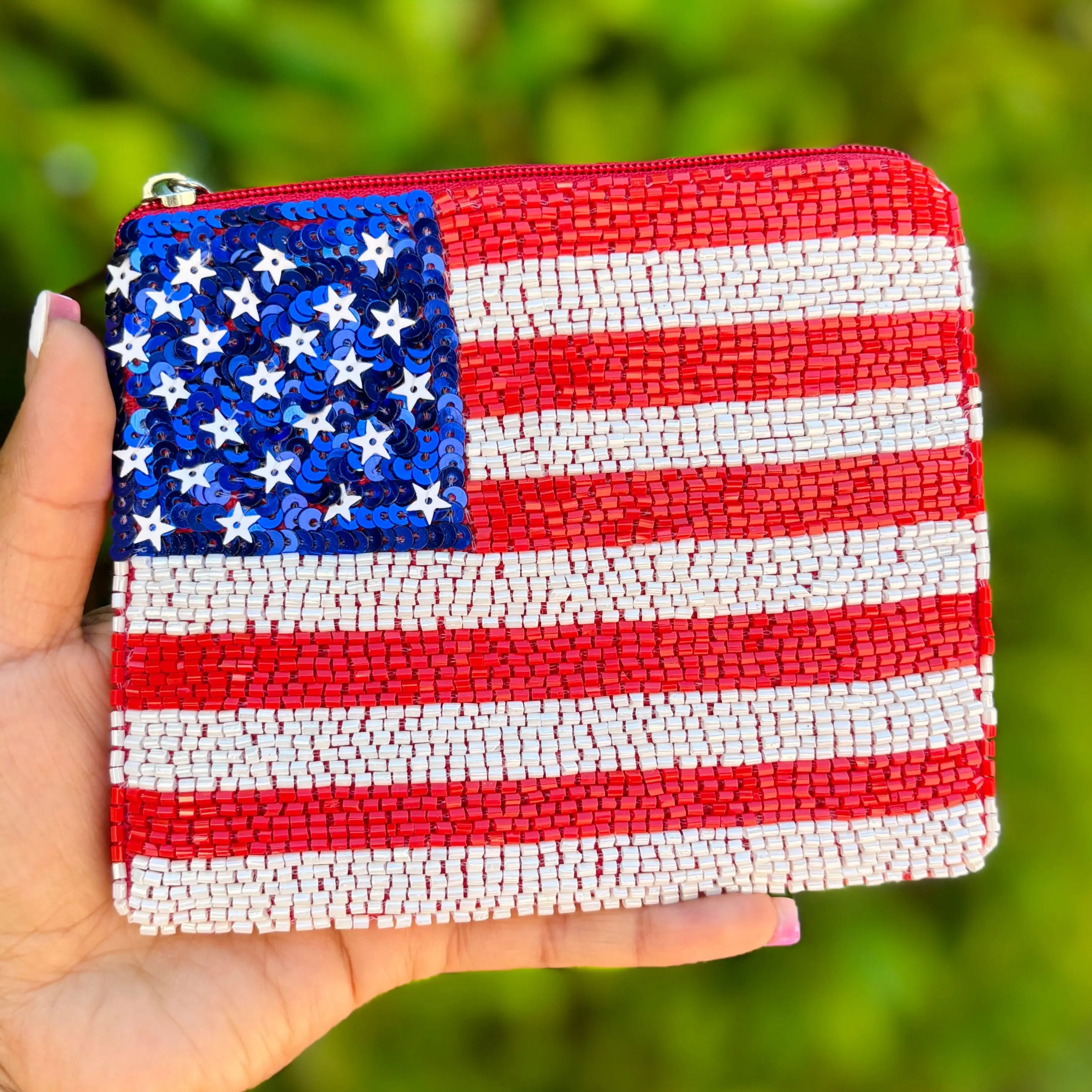 USA Flag Beaded Pouch Purse